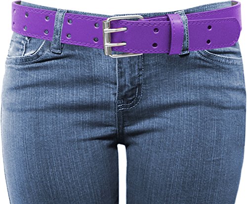 EURO Womens Thick Wide 2 Hole Leather Belt - BN9041 - Purple L