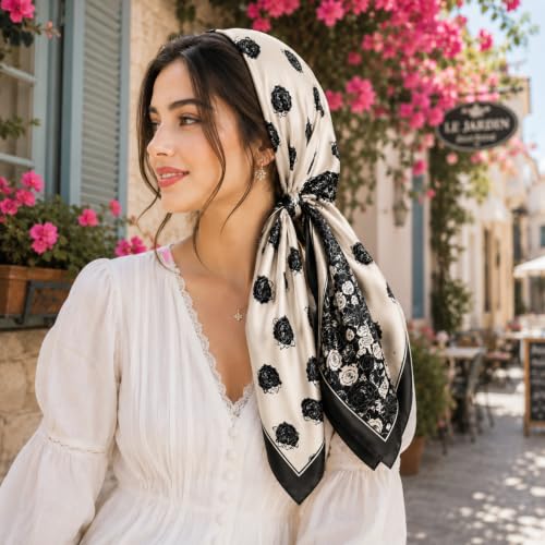 Image of Satin Square Head Scarf for Women, Floral Printed