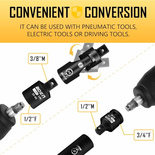 Image of BOEN 10-Piece Impact Socket Adapter and Reducer Set, Standard SAE 1 /4 inch 3 /8 inch 1 /2 inch 3 /4 inch, CR-MO Steel Driver & Wrench Conversion Kit Socket Reducer with 3 /8 inch & 1 /2 inch Universal Joint