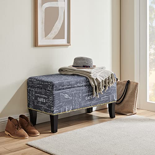 Linon Stephanie Script Linen Ottoman, 32"W X 16"D X 18"H, Gray/Black #TOP5