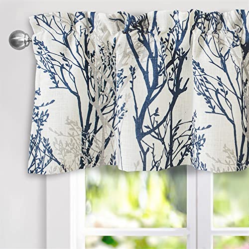 Driftaway TREEB5214BLUE Tree Branch Linen Lined Valance Double Layer Thermal Insulated Room Darkening Blackout Valances 3 Inch Rod Pocket Short Window Valance cover