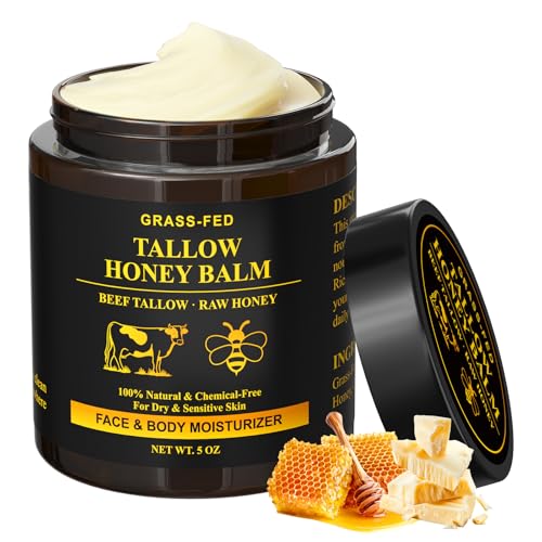 Henjaca Beef Tallow for Skin, Tallow and Honey Balm, Organic Grass-Fed Whipped Beef Tallow Cream, Deep Moisturizing Facial & Body Balm, 100% Natural Face Moisturizer for All Skin Types (5oz)
