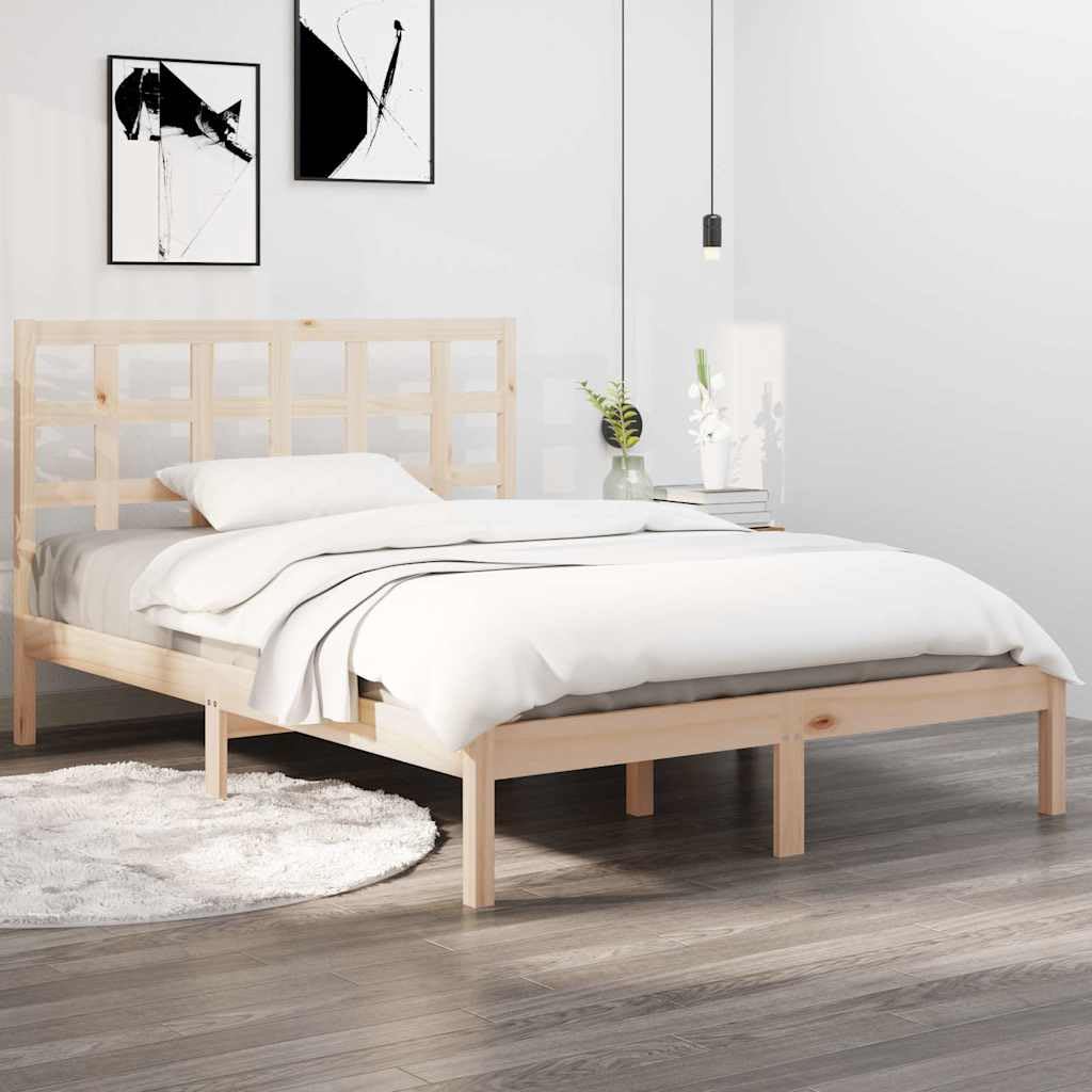 Lite sosnowe drewno Klasyczny zagłówek Standard 135x190 cm Brąz | Rama łóżka lite drewno sosnowe 135x190 cm podwójna z zagłówkiem solidna konstrukcja