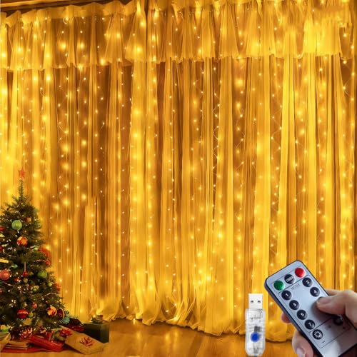 Lichtervorhang Innen, 3 x 3 m Lichterkette Vorhang 300 LED-Leuchten...