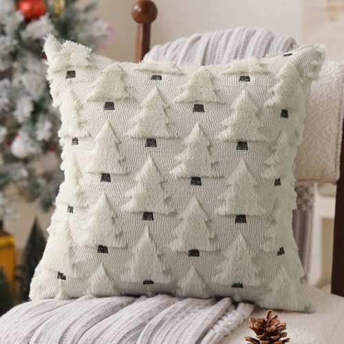 Image of Allorry Christmas Pillow Covers 18x18 inch Set of 2 Christmas Decorations Soft Plush Faux Fur Wool Cream White Christmas Tree Throw Pillow Cases Winter Holiday Decor for Sofa Living Room PT-002D18