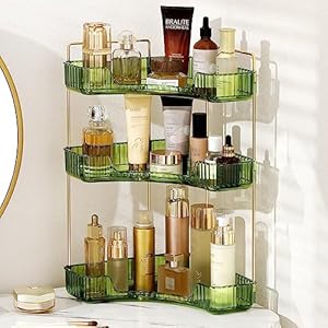 Corner Bathroom Counter Organizer Bathroom Countertop Shelf Makeup Organizer for Vanity Perfume Tray for Corner Storage (3 Tiers, Green)
