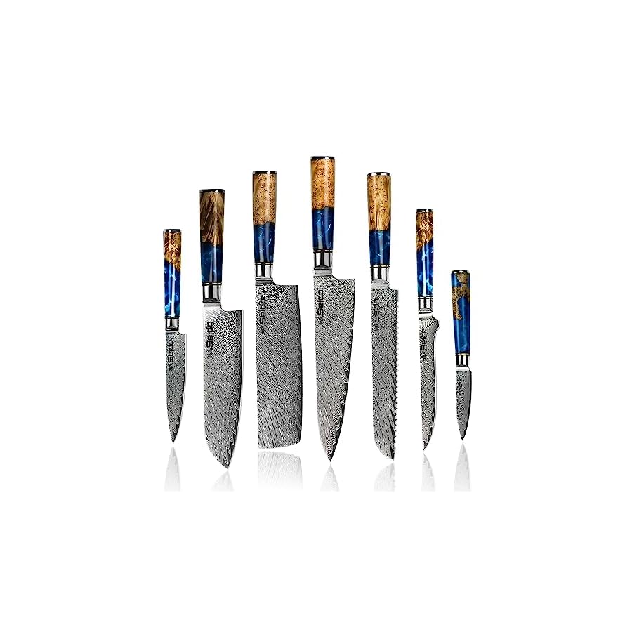 Seido-Knives-7-Piece-Executive-Damascus-Steel-Knife-Set-with-Japanese-VG-10-Super-Steel-Core-Home-Kitchen-Knife-Set-Professional-Design-Handle-Blue-Resin-Epoxy-and-Strong-Stabilized-Wood Seido Knives 7-Piece Executive Damascus Steel Knife Set with Japanese VG-10 Super Steel Core - Home Kitchen Knife Set - Professional Design Handle Blue Resin Epoxy and Strong Stabilized Wood
