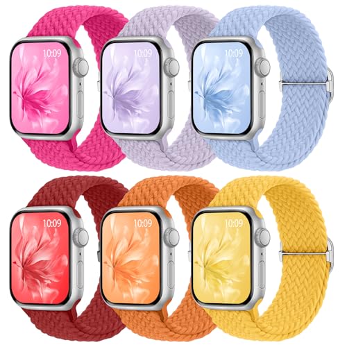 Image of 6 Pack Braided Stretchy Bands Compatible with Apple Watch Band 38mm 40mm 41mm 42mm 44mm 45mm 46mm 49mm Women Men, Adjustable Nylon Solo Loop Elastic Straps for iWatch Series 11 10 9 8 7 6 5 4 SE Ultra