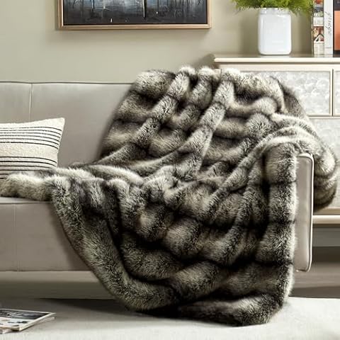 JONIYEAR High-end Premium Fuzzy Faux Wolf Fur Throw Blanket 50" x 60", Luxury Cozy Accent Thick Animal Skin Fluffy Fox Blanket for Couch Sofa, Soft Warm Gray Bear Furry Blanket for Winter, Black Grey Cover