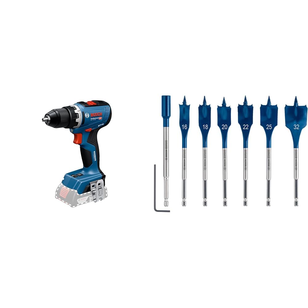 Bosch Professional 18V System atornillador a batería GSR 18V-65 (motor Brushless sin escobillas, 166mm, sin batería/cargador) + 7x Set de brocas fresadoras planas Expert SelfCut Speed