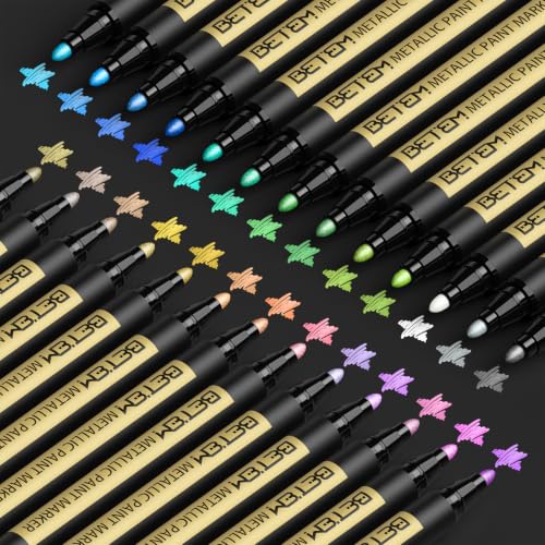 Image of Betem Metallic Paint Markers, 26 Colors Acrylic Metallic Markers for Black Paper, 2mm Medium Tip Glitter Pens Scrapbooking Supplies, Teacher Appreciation Gift, Rock, Photo Albums, Card Making Kit