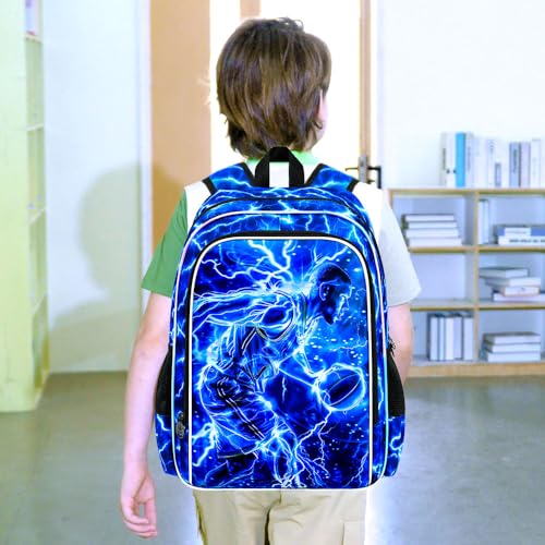 Image of 17 inch Basketball Backpack for Boy, 3Pcs Lightning Bookbag for Elementary Preschool Kindergarten, Kids School Backpacks with Lunch Box (Blue)