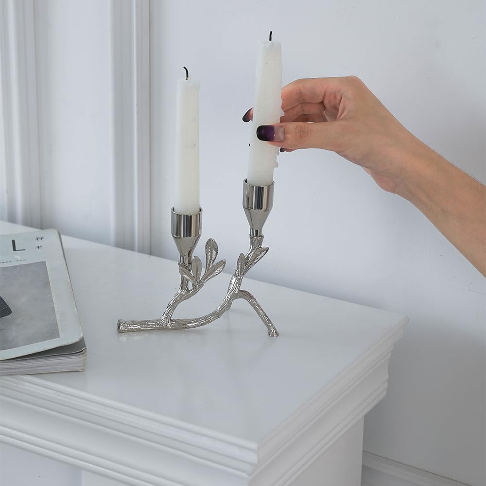 Modern Silver Tealight Tree Branch-Inspired Dual Metal Leaf Candle Holder 5.12"x4.57" Alloy Steel candlesticks Taper for Tables top Centerpiece Home Decor (Silvery)