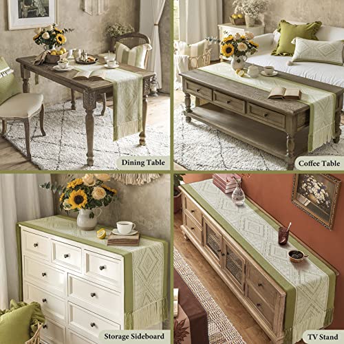 Topfinel Farmhouse Style Burlap Cotton Table Runner,Boho Jacquard Table Runners 90 Inches Long With Woven Tassels For Holiday Party, Home Dining Table Decor, White Green #TOP5