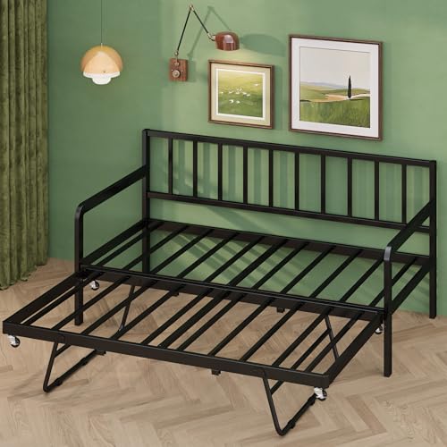 Lutown-Teen Twin Daybed with Pop up Trundle, Metal Day Bed with Trundle Bed Twin Frame and Steel...
