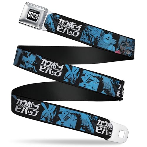 Cowboy Bebop Belt, Seatbelt Buckle Belt, Cowboy Bebop Title Logo and Character Blocks Black Blues, Youth 20 to 36 Inches