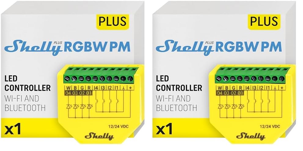 Shelly Shelly Plus RGBW PM, Modulo di Controllo RGBW per Strisce LED Wi-Fi & Bluetooth, con Misuratore di Consumo, Luce Bianca o Colorata, Dimmerabile, Nessun Hub Richiesto, App iOS Android, Giallo