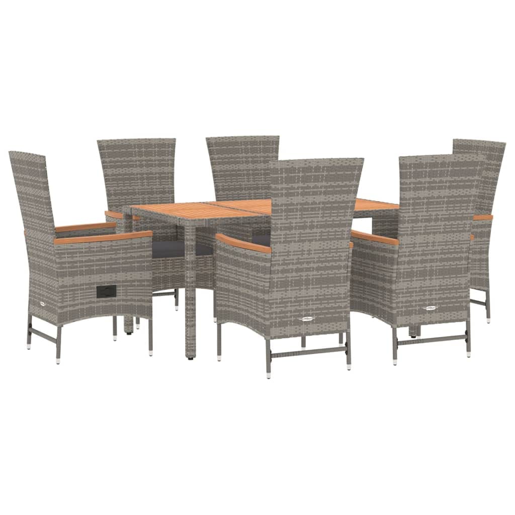 Furniture Select-Juego de comedor de jardín de 7 piezas, ratán de poliéster gris y acacia de madera maciza