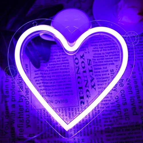 Image of SYLHOME Purple Heart Led Neon Light Sign Battery Operated or USB Powered Bedroom Wedding Wall Sign Decor Valentines Day Christmas Birthday Gifts USB 7.87 inch X 7.28 inch