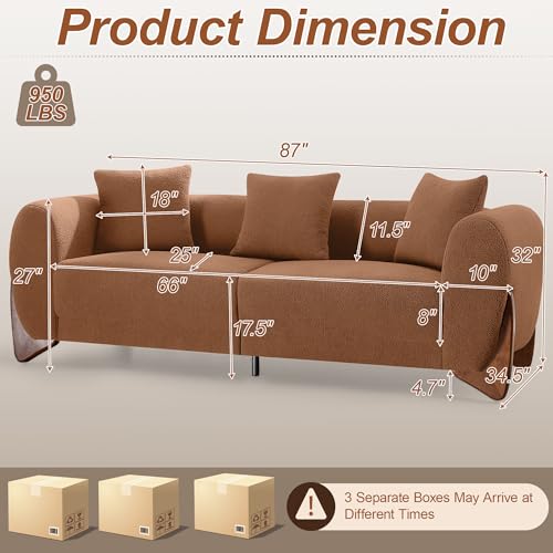 Image of 87 inch Sherpa Boucle Cloud Couch with Ottoman, Deep Seat Modern 3 Seater Sofa with Solid Wood Legs 25 inch Extra Comfy Thick Cushion Upholstered Sofa Couches with 3 Pillows for Living Room, Caramel