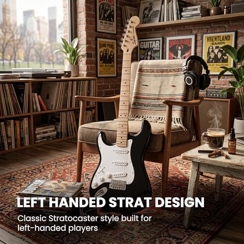 Image of Fender Squier Sonic Stratocaster Left-Handed - Black Bundle with Mustang Micro Headphone Amp, Cable, Tuner, Strap, Picks, and Austin Bazaar Instructional DVD
