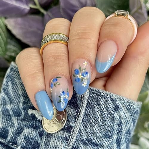 Navy Blue Press on Nails Short Almond Spring Fake Nails with Flow...