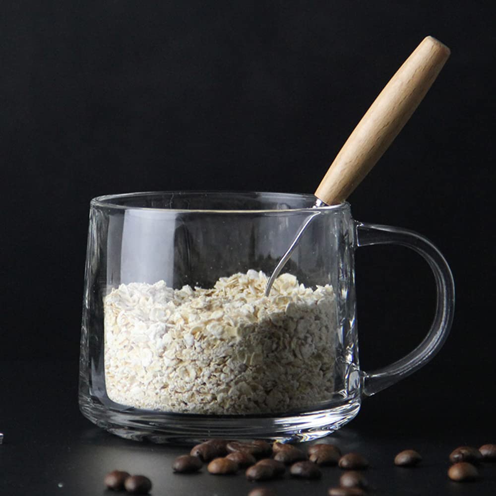 TAMUME Glass Cereal Bowl Glass Cup and Mug for Microwave Breakfast Cup (Wood Lid and Spoon, 380ml), White - Image 4