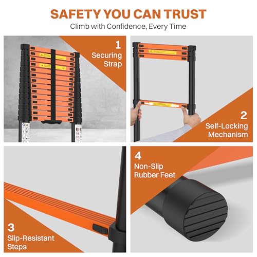 Image of BonKaso Telescopic Ladder, 4.4m / 14 Ft, 15 Steps - Heavy-Duty Foldable Alloy Steel Ladder | Anti-Slip, 150kg Load Capacity, Rustproof & EN131 Certified - Matt Black & Orange