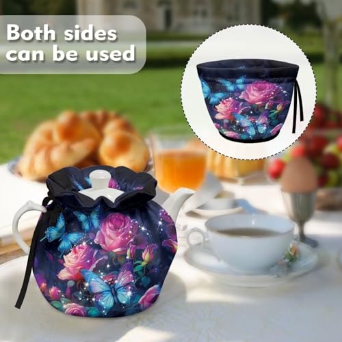 Image of Butterfly Rose Tea Pot Cover Keep Tea Warm Insulation Teapot Cozies Machine Washable Kettle Cover Breakfast Warmer Home Decor for Home Kitchen Tea Party Table Decor