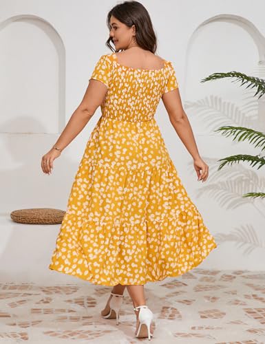 Image of KOJOOIN Women Plus Size Summer Dress Short Sleeve Casual Dress Floral Midi Dress Sweetheart Neck Ruffle Dress