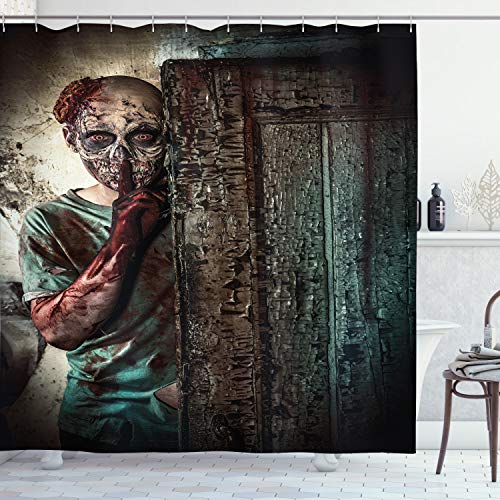 ABAKUHAUS Zombie Duschvorhang, Schlechte Augen Monster, Stoffliches Gewebe Badezimmerdekorationsset mit Haken, 175 x 180 cm, Umber Teal Tan