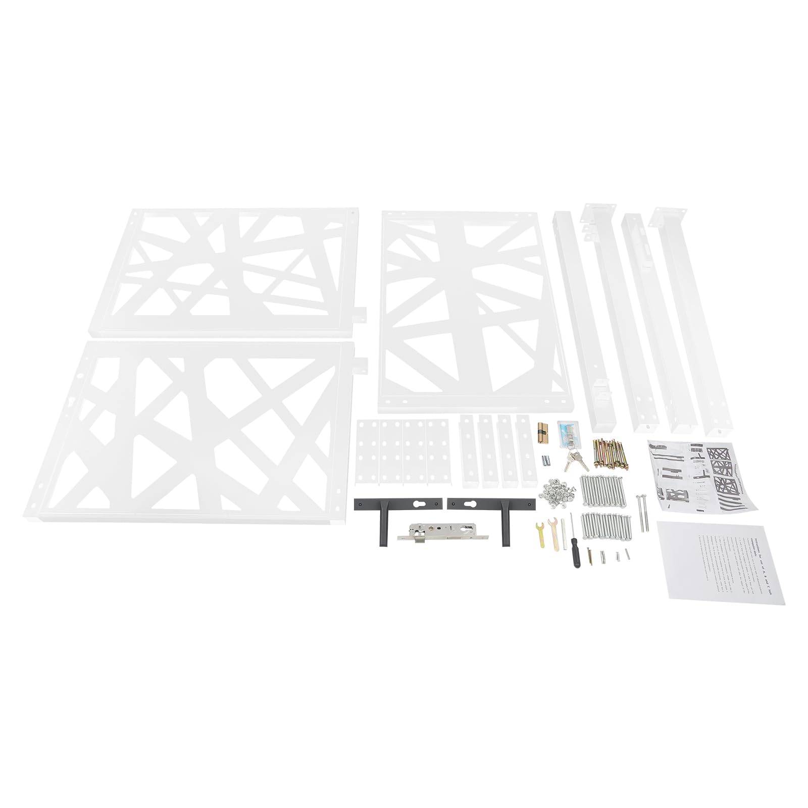 Puerta de jardín de 105 x 175 cm, doble columna, de metal, con cerradura, 7 llaves y apertura de 180°, resistente a la corrosión para jardín, terraza y seguridad para mascotas, color blanco