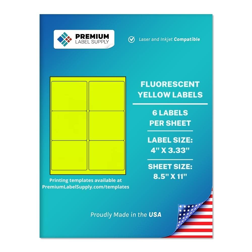 Premium Label Supply Bright Neon Color Fluorescent Stickers - 4" x 3.33" Labels - (Fluorescent Yellow, 150 Labels)