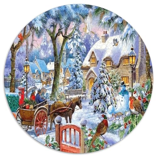 Puzzle de 1000 piezas redondo de un pueblo invernal con carruaje para adultos