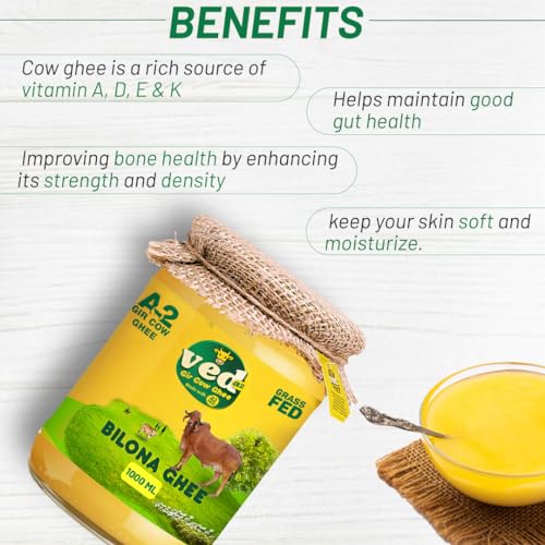 Image of Ved A2 Gir 100% Pure A2 Desi Gir Cow Ghee, Made with Vedic Bilona Method, Lab Tested Hand Churned Cow Desi Ghee, Support Immune System & Digestive Health, Glass Jar (1000ml, Pack of 1)