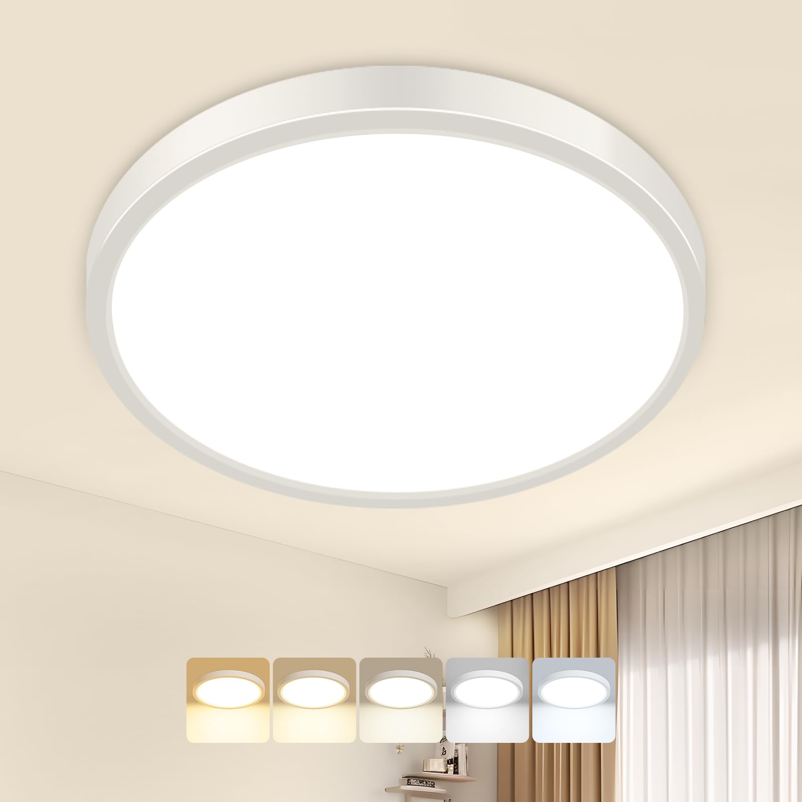 Peasur Deckenlampe, 5Farben-3000/3500/4000/5000/6500K LED Deckenleuchte Flach,IP54 Wasserfest Badezimmer Lampe Decke,15W Badlampe Modern Rund Ultra Dünn für Bad Schlafzimmer Keller Wohnzimmer,18*1.6cm