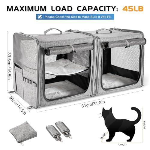 Large Cat Carrier for 2 Cats with Zipper Locks, Double Cat Carrier with Travel Litter Box, Soft Pet Travel Carrier for Cats and Small Dogs Up to 45 Lbs, Gray - Image 5