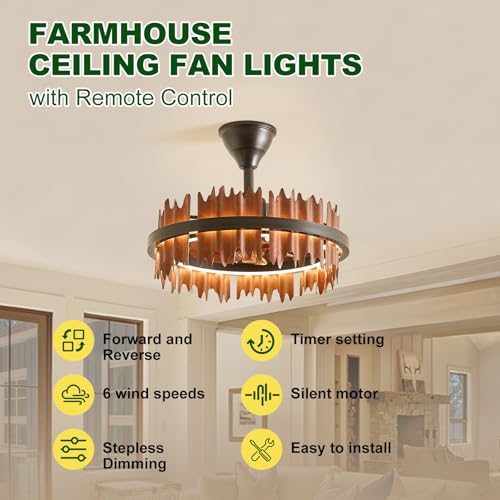 Image of 19.7 inch Rustic Caged Ceiling Fan with Light, Farmhouse Wood Fandelier Ceiling Fan, 6 Speed and Reversible, Dimmable LED Chandelier Fan with Charred Leaves for Bedroom, Kitchen, Living Room