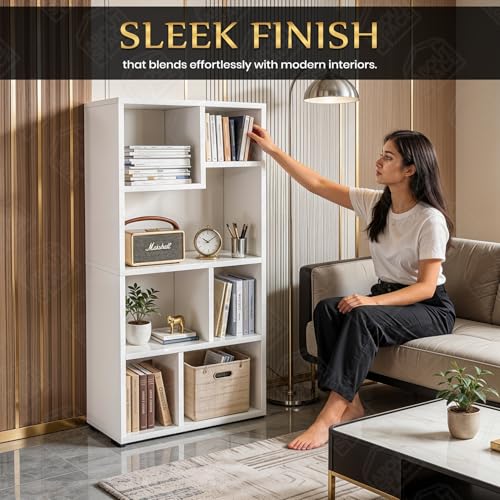 Image of ABOUT SPACE Book Shelf for Home Library - Book Rack with 7 Different Sized Shelves for Living Room, Bedroom, Home Office Book Stand for Kids, Adults Wooden Book Shelf (White - L 50 x B 26 x H 107 cm)