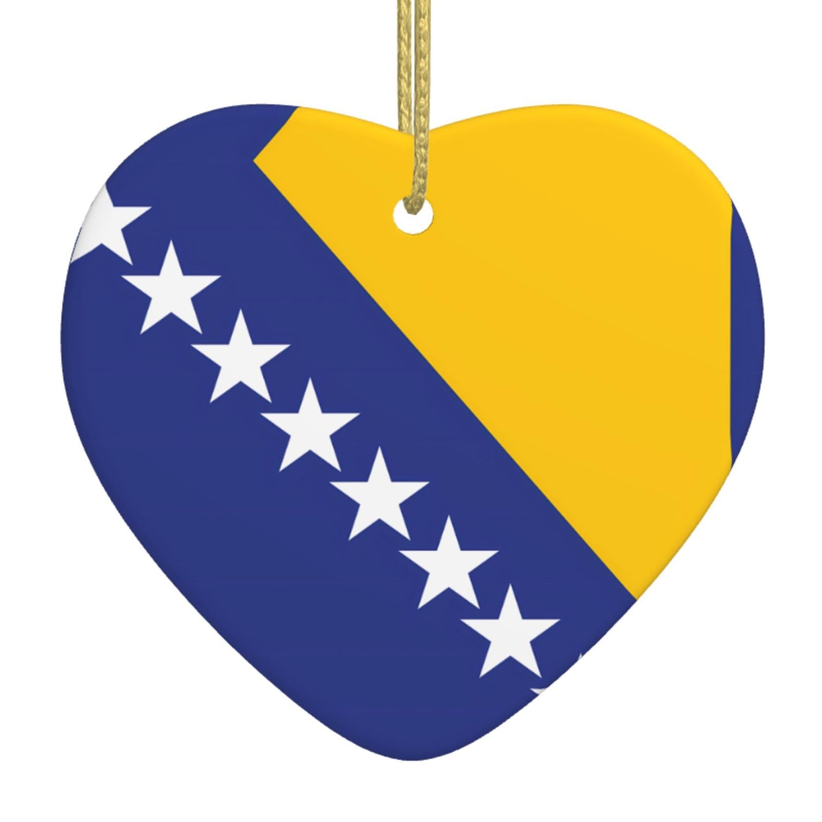 Flag of Bosnia and Herzegovina Ceramic Christmas Heart Pendant with Silk Thread, Christmas Tree Home Decoration