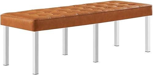 Modway Banco grande tapizado de piel sintética con botones copetudos en color marrón plateado