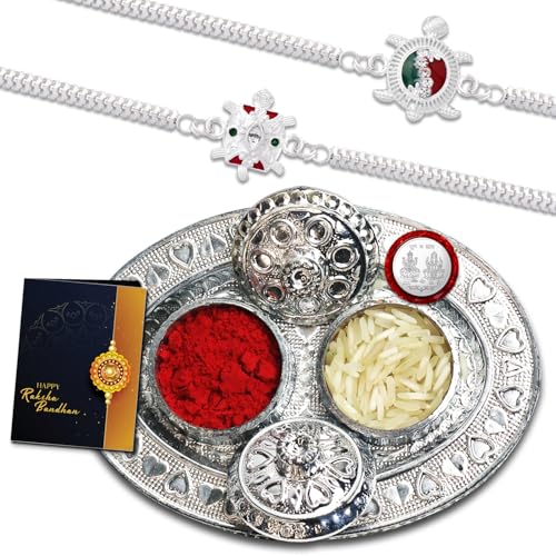 Image of Oblivion Turtle Shaped Rakhi Set of 2 for Brother with Silver Colour Pooja Coin, Thali and Greeting Card for Raksha Bandhan