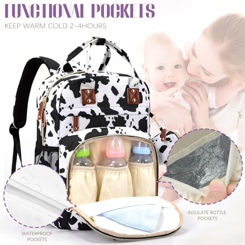 Image of Tuwubi Diaper Bag Backpack, Baby Essentials Travel Tote Bag, Multi function Waterproof Backpacks, Travel Essentials with Stroller Straps & Pacifier Case - Cow Print