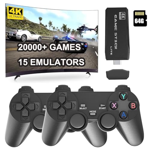 Drahtlose Retro-Konsole Spielkonsole, Retro Konsole Game Stick mit 20000+ eingebauten klassischen Spielen und 4K-HDMI-Ausgang, Plug & Play mit 2 Gamepads(Schwarz)