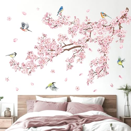 decalmile Large Cherry Blossom Tree Branch Wall Decals Pink Flower Vine Birds Wall Stickers Girls Bedroom Living Room Nursery Wall Decor - Image 3