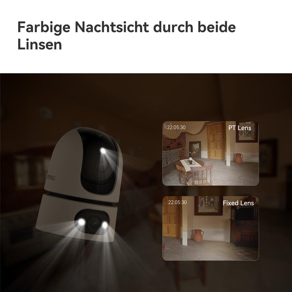 Imou Ranger Dual Pro 3MP+3MP WLAN Innenkamera mit 2 Objektiven, 360° PTZ, Dualband WiFi 6, Vollfarb-Nachtsicht, Personen- & Haustiererkennung, Auto-Tracking, Sirene, 2-Wege-Audio, microSD bis 256GB