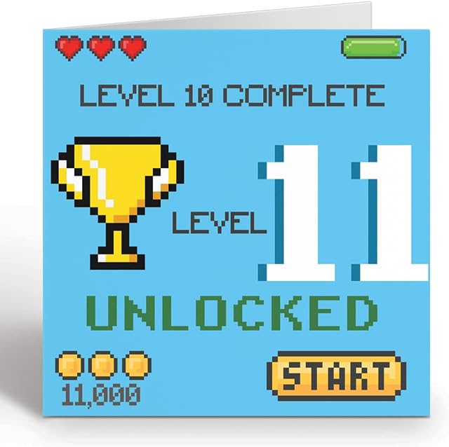 Gamer Birthday Card For 11 Year Old Girl or Boy - Level 11 Unlocked Video Gaming Birthday Card With Blue Envelope - Eco Friendly Card By Giggle Greetings®