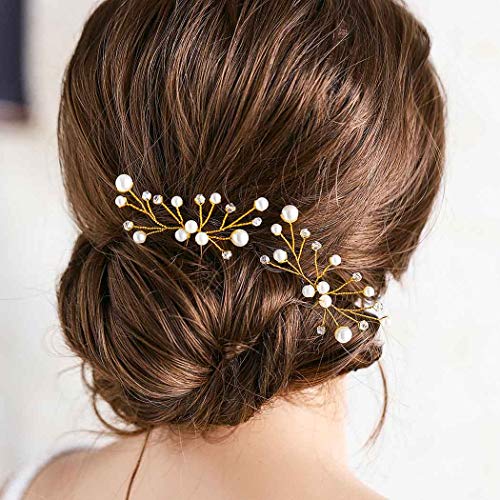 Drecode Bride Wedding Hair Pins Gold Pearl Hairpin Crystal Bridal Headpieces Hair Accessories for Women and Girls(Pack of 2)