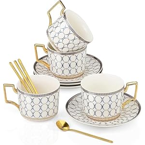 CwlwGO-European Style Ceramic Coffe Cup and Saucer Sets, 7 Oz Bone China Beautifully Glazed Blue Gold Tea Cup Set, Golden Spoon,Cappuccino, Latte, Suitable For Women’s Gifts (4 pack).……