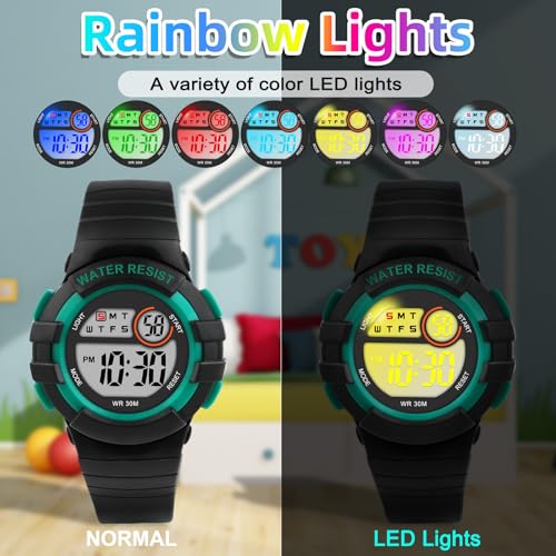 DTKID Digital Kids Watch 30 M Waterproof, 7 Color Lights Time Teaching Watch Easy to Read for Girls Boys 5-162